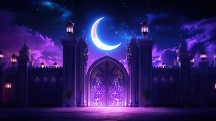 Enchanting night at moonlit palace gates under starry sky with glowing crescent and illuminated lanterns
