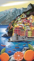 Fototapeta premium Colorful coastal village with boats and oranges in a scenic landscape