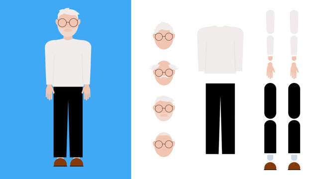 Professor character constructor for animation. Front view set. Body parts and faces collection. Vector illustration.