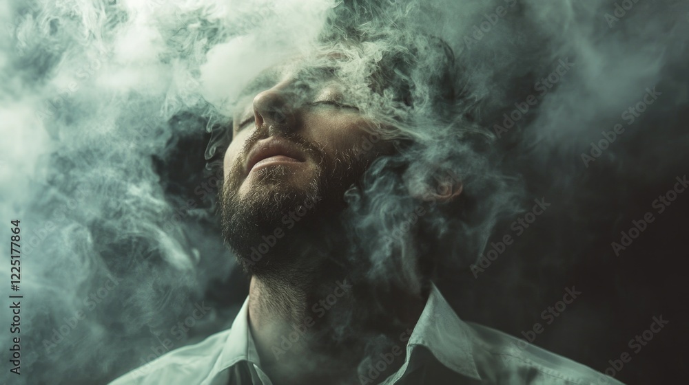 Aufkleber man with closed eyes surrounded by smoke with calm expression on his face and soft lighting; copy sp