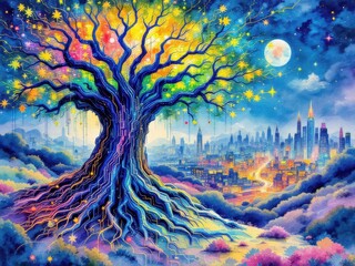Dreamlike technicolor tree illuminating cityscape at night with starry sky and full moon