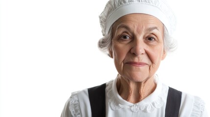 Elderly woman wearing traditional white chef hat and uniform posing on white background with neutral expression and soft lighting Copy Space