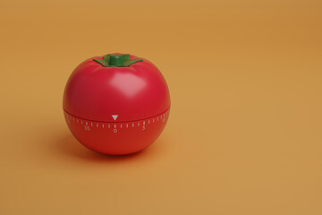 Tomato shaped kitchen timer isolated on orange background with copy space. Pomodoro technique concept. 3d illustration.