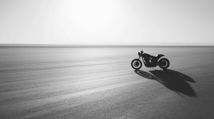 A minimalist shot of a motorbike shadow stretching along a smooth desert road. digital