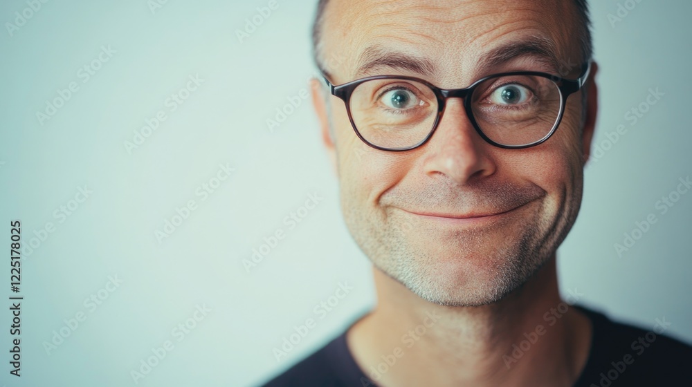 Poster smiling middle-aged man with glasses on neutral background displaying happiness and approachability 