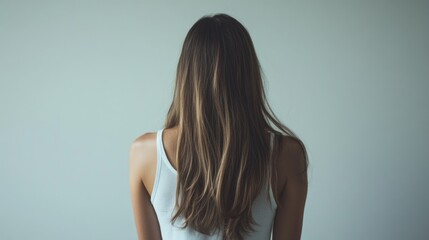 Fototapeta premium Young woman with long hair turned away against a plain light background Copy Space