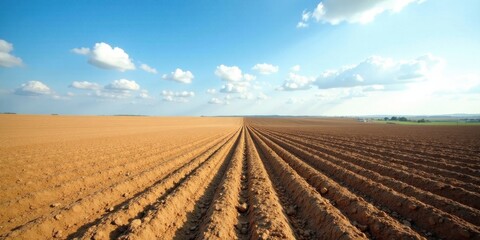 Obraz premium Vast agricultural field prepared for planting under a bright, sunny sky with fluffy cumulus clouds