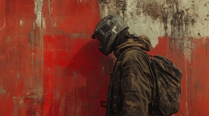 Fototapeta premium Soldier in tactical gear with helmet leaning against a weathered red wall with backpack Copy Space