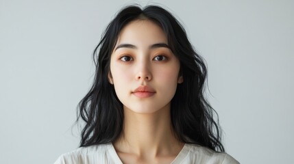 Fototapeta premium Portrait of a young woman with long black hair and natural makeup looking directly at the camera on a light background Copy Space
