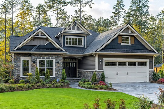 Craftsman-style home nestled in a wooded setting showcasing stone accents and a well-manicured lawn