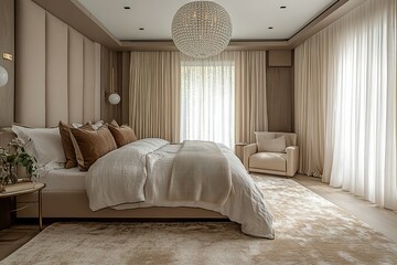 Serene bedroom with a neutral color palette featuring a large bed plush textiles and soft natural light filtering through sheer curtains