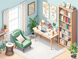 Fototapeta premium Cozy home workspace with books, green armchair, and natural light