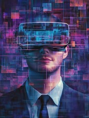 business, augmented reality and future technology concept - businessman in virtual headset and screen over abstract background