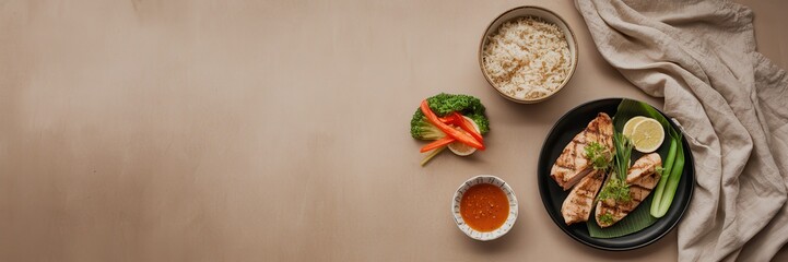 Grilled fish with rice vegetables and sauce