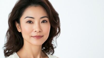 Naklejka premium Portrait of an Asian woman with shoulder-length dark hair and a neutral expression on a light background Copy Space