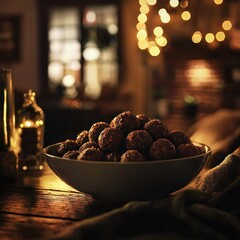 Cozy evening with a bowl of homemade energy balls on a wooden table.