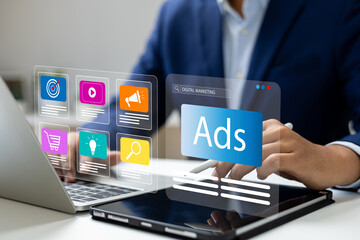 Digital marketing and online advertising, Ad, Promoting products through social media, AI, Tools, SEO strategies for maximum customer reach. Innovative online sales and advertising, Business growth.