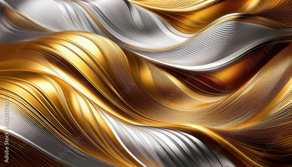 Poster striking abstraction of shimmering waves in gold and silver textures, showcasing a dynamic and elega