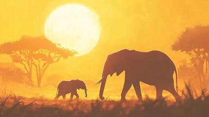 Fototapeta premium Silhouette of mother and baby elephant at sunset in African savanna.