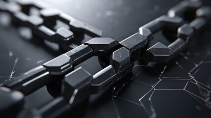 Trade network, blockchain technology overlay, 3D illustration.