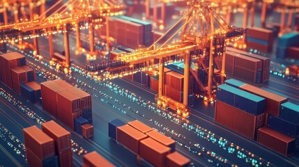 Trade network, blockchain technology overlay, 3D illustration.