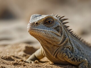 Obraz premium Close Up Portrait of Bearded Dragon in Sandy Desert Habitat