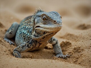 Obraz premium Close Up Portrait of a Bearded Dragon in its Sandy Desert Habitat