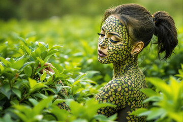 Attractive sexy woman in tea plantation setting. Body painting with tea leaves patterns. Promotion of natural food concept.