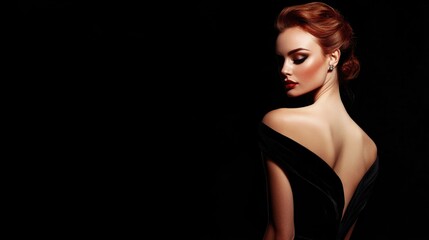 Elegantly posed woman with back view in dark attire against black background showcasing beauty and fashion, Copy Space