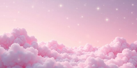 Fototapeta premium Pastel Pink Cloudscape A Dreamy Celestial Scene with Soft, Fluffy Clouds and Sparkling Stars at Dusk