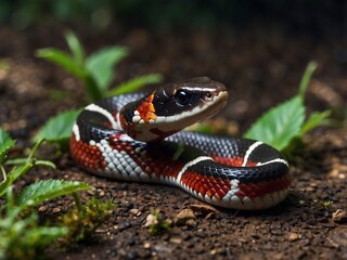 Obraz premium Colorful Coiled Snake in Natural Habitat Showcasing Striking Scales and Patterns