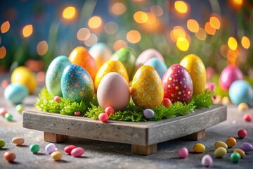 A whimsical tilt-shift photo; Easter eggs nestled on a podium, creating a miniature spring holiday.