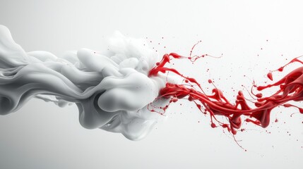 Dynamic clash of red and white liquid splashes on a white background