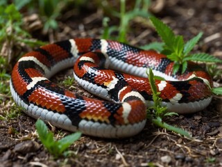 Obraz premium Captivating Close-Up of a Colorful Coiled Snake in Its Natural Habitat