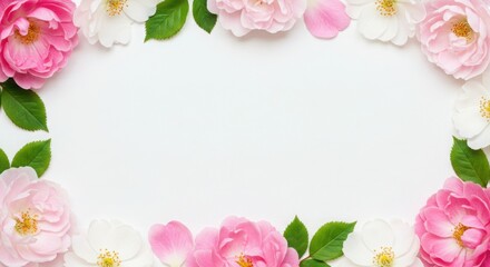 Pink and White Rose Flower Frame on White Background