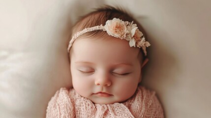 Sleeping infant girl with floral headband wrapped in soft blanket. Peaceful expression on face. Copy Space.