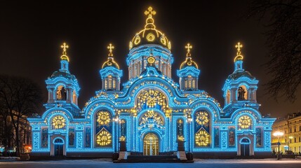Obraz premium Uspenski Cathedral Helsinki Finland Illuminated For Christmas With Blue Lights At Night