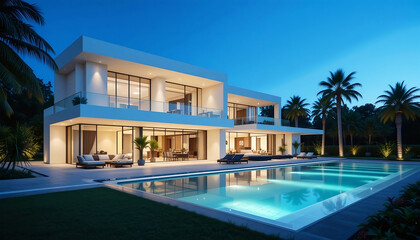 Fototapeta premium Modern luxury villa, minimalist architecture, white cubic structure, large glass windows, nighttime lighting, illuminated swimming pool, tropical landscaping, blue twilight sky,