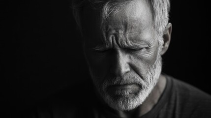 Emotional portrait of an older man with gray hair and beard expressing sadness against a dark background with copy space.