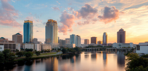 Fototapeta premium Stunning skyline view of city at sunset over water