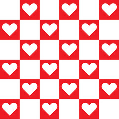 Checkerboard seamless Pattern with valentine heart symbols. Valentine's day red and white romantic chessboard vector design with hearts for textile, print, fabrics, wallpaper and background.