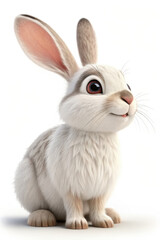 Obraz premium Curious Bunny: A fluffy white rabbit with big brown eyes sits, its ears perked up in curiosity, showcasing its sweet and innocent charm.