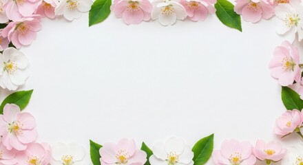 Floral Frame of Pink and White Apple Blossoms with Green Leaves