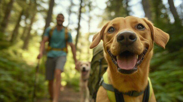 couple in casual outdoor gear hiking through forest with backpacks and dog leading the way