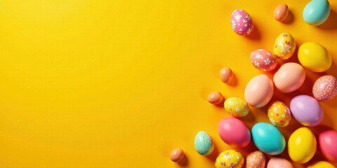 Obraz premium Brightly colored eggs arranged on a vibrant yellow background, creating a festive and cheerful spring scene perfect for holiday cards or seasonal decorations.