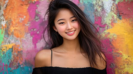 Fototapeta premium Young woman smiling against a colorful graffiti background with vibrant hues and textures showcasing youthful expression and confidence Copy Space