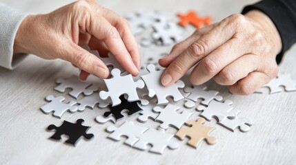 Two hands solving a puzzle together on a table. Teamwork, cooperation, problem-solving