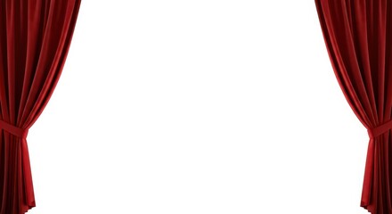 A pair of rich red velvet curtains tied back to frame a blank white center