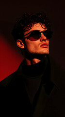 Fototapeta premium Stylish young man posing confidently with sunglasses against a dramatic red backdrop in a modern urban setting during evening hours
