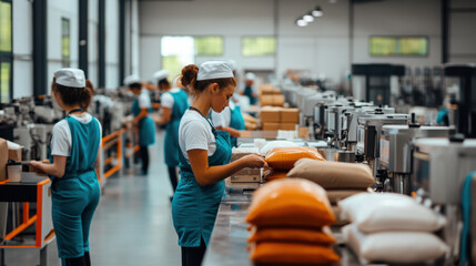 Coffee factory, A high-resolution image of a spacious factory featuring rows of machines and workers, suitable for industrial or manufacturing themes.